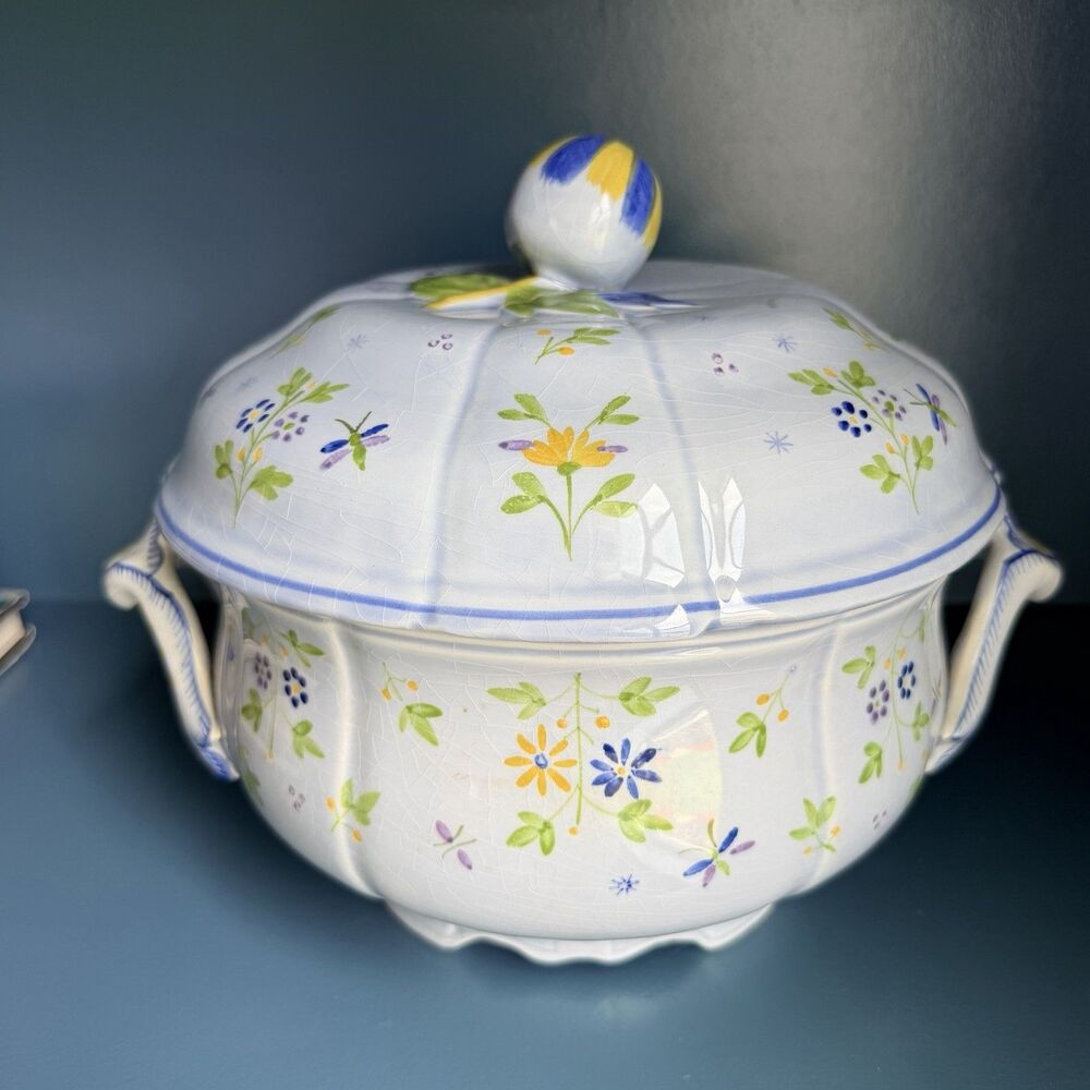 Longchamp Printemps Paint a la Main Faience Soup Tureen Bird & Flower Apple Vtg